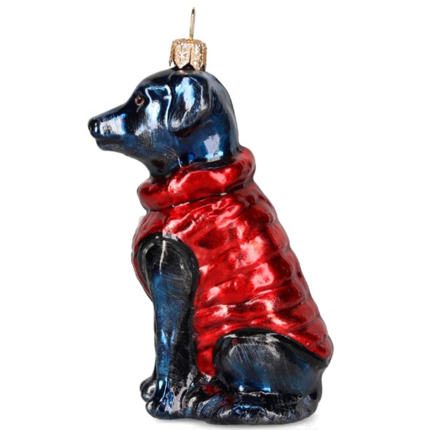 Joy to the World Black Lab in Red Puffer Coat Polish Glass Ornament