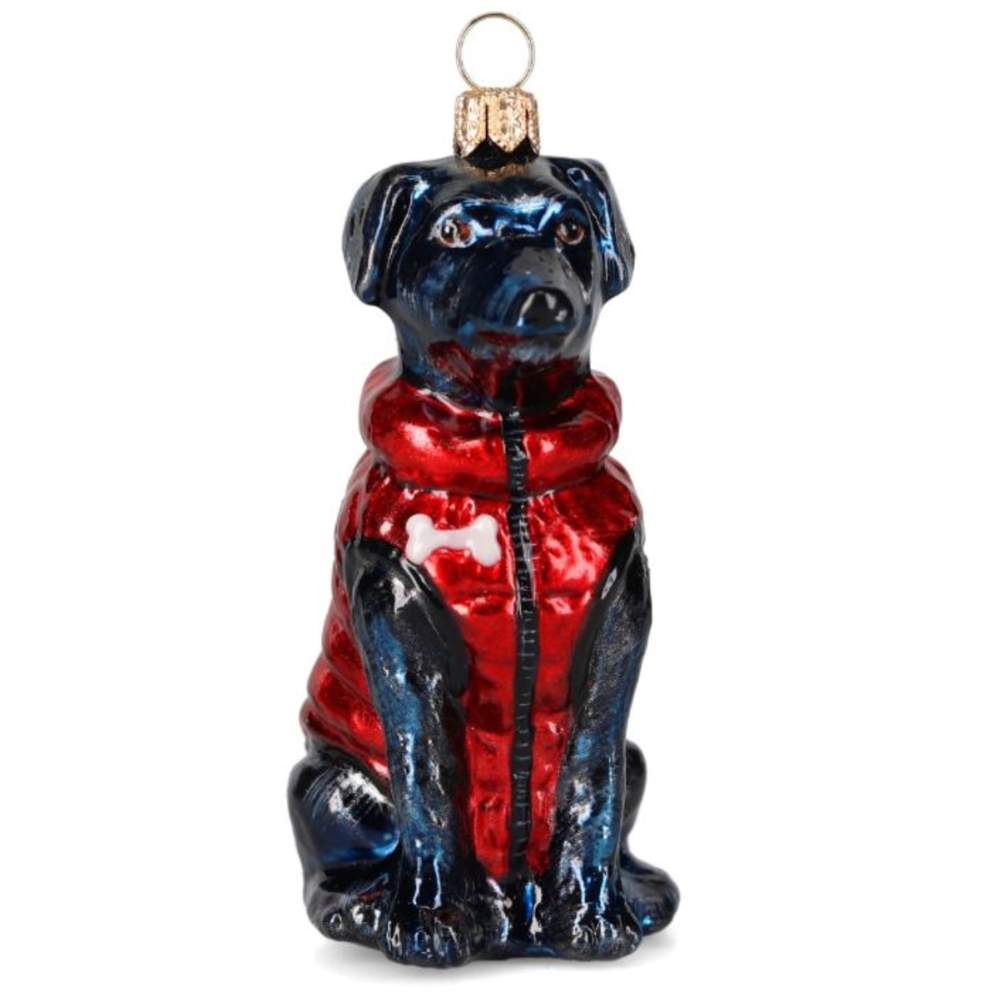 Joy to the World Black Lab in Red Puffer Coat Polish Glass Ornament