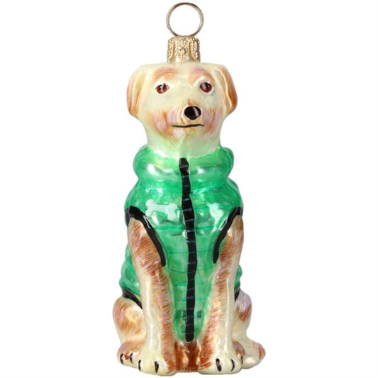 Joy to the World Yellow Lab in Puffer Coat Polish Glass Ornament