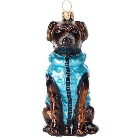 Joy to the World Chocolate Lab in Blue Puffer Coat Polish Glass Ornament