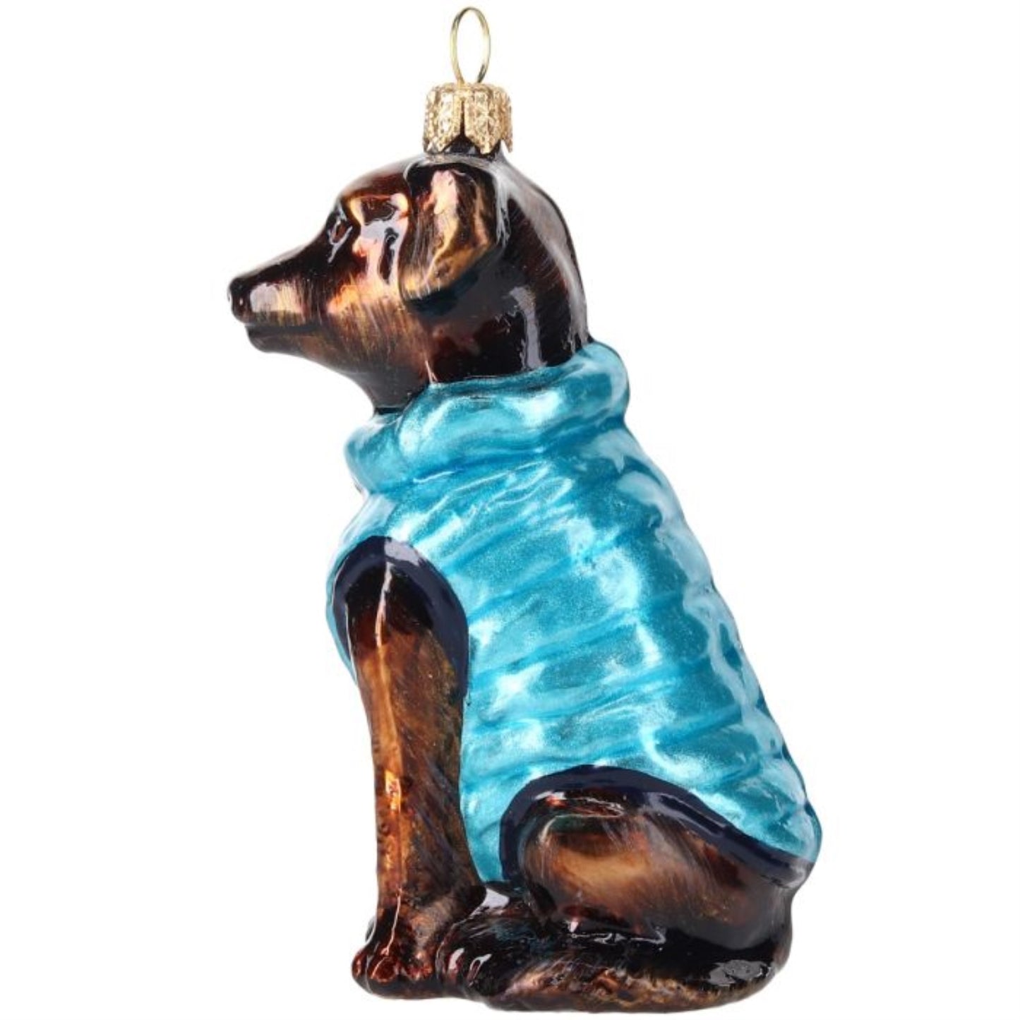 Joy to the World Chocolate Lab in Blue Puffer Coat Polish Glass Ornament