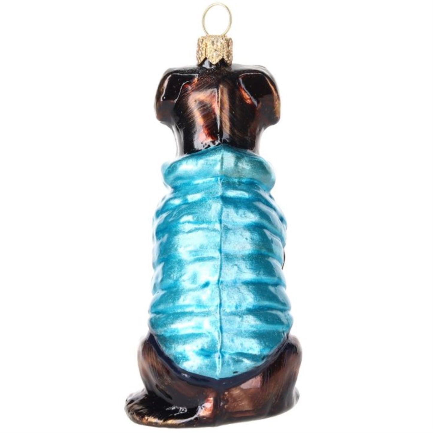 Joy to the World Chocolate Lab in Blue Puffer Coat Polish Glass Ornament