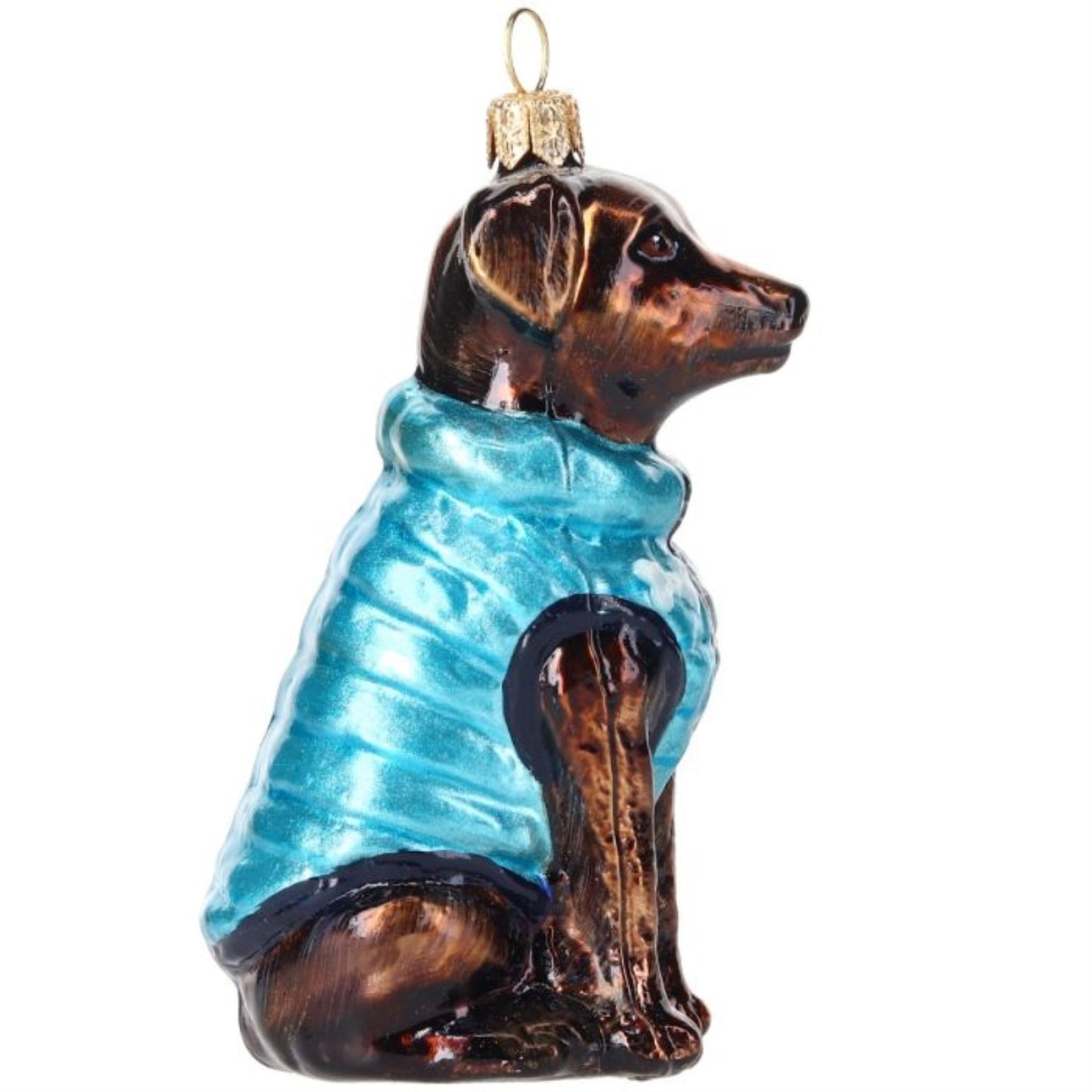 Joy to the World Chocolate Lab in Blue Puffer Coat Polish Glass Ornament