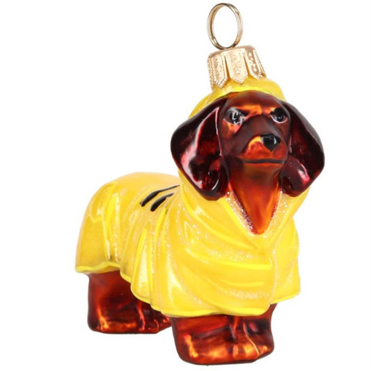 Joy to the World Red Dachshund in Yellow Raincoat Polish Glass Ornament