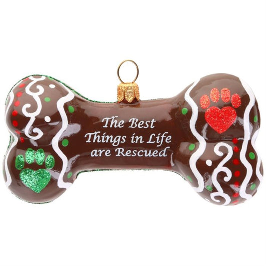 Joy to the World “The Best Things in Life are Rescued” Dog Bone Polish Glass Ornament
