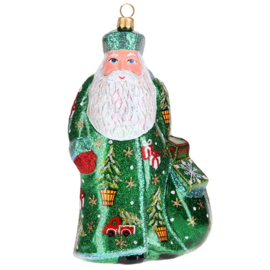Joy to the World Glitterazzi Metallics Series Green Santa Polish Glass Ornament 6.6 Inches