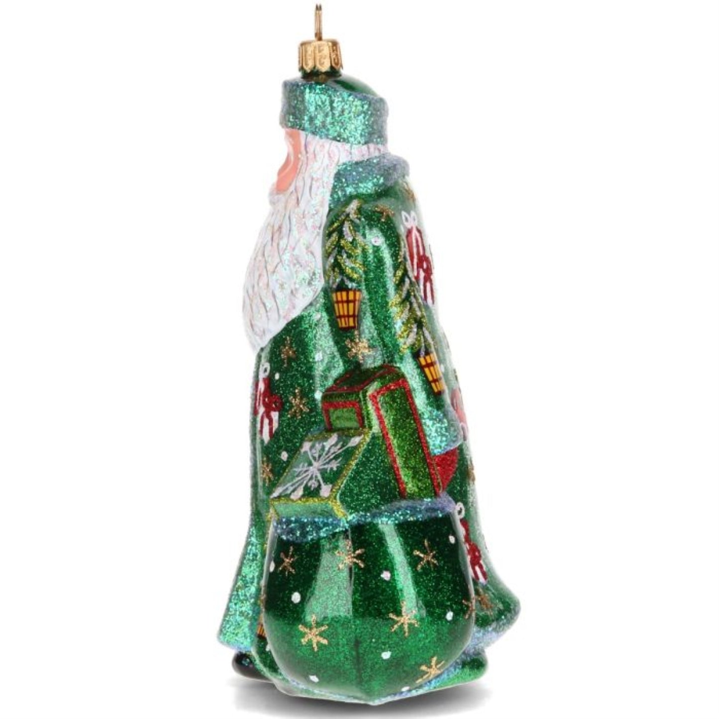 Joy to the World Glitterazzi Metallics Series Green Santa Polish Glass Ornament 6.6 Inches