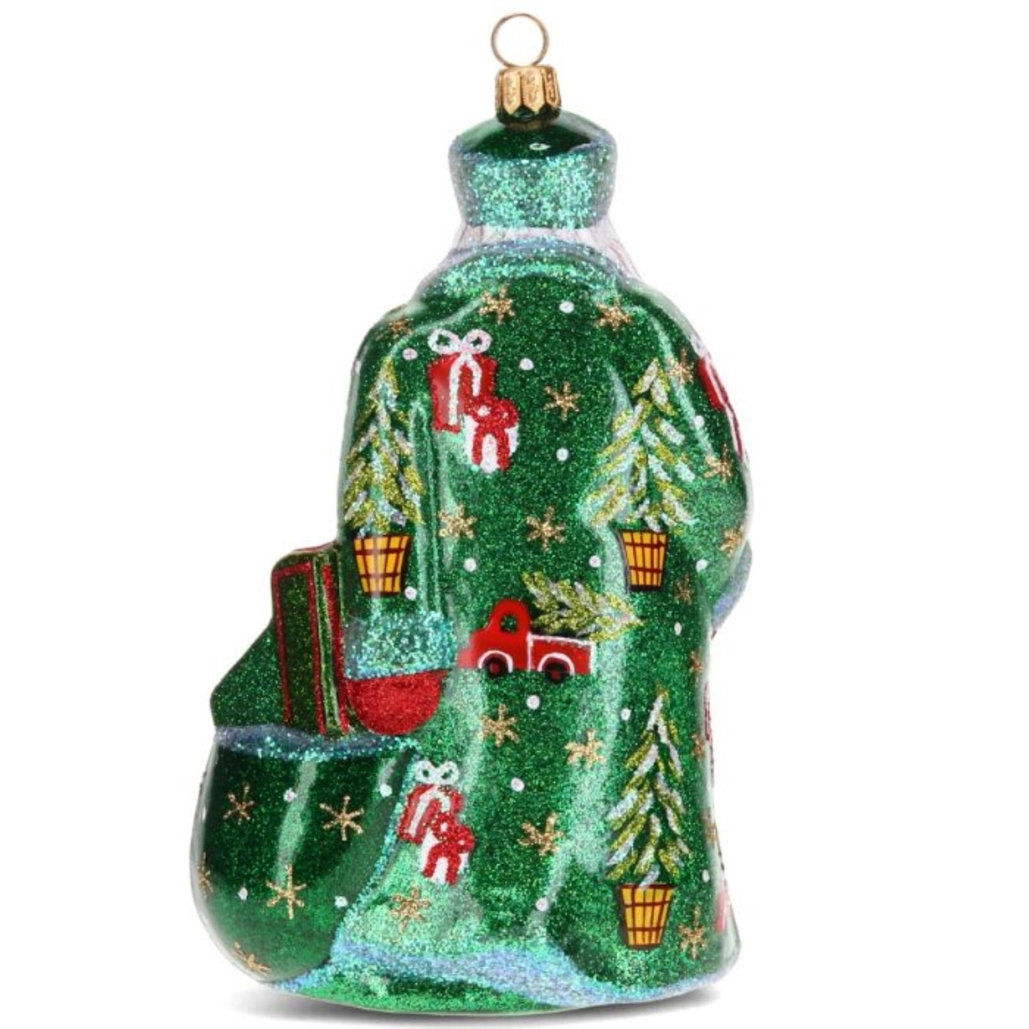 Joy to the World Glitterazzi Metallics Series Green Santa Polish Glass Ornament 6.6 Inches