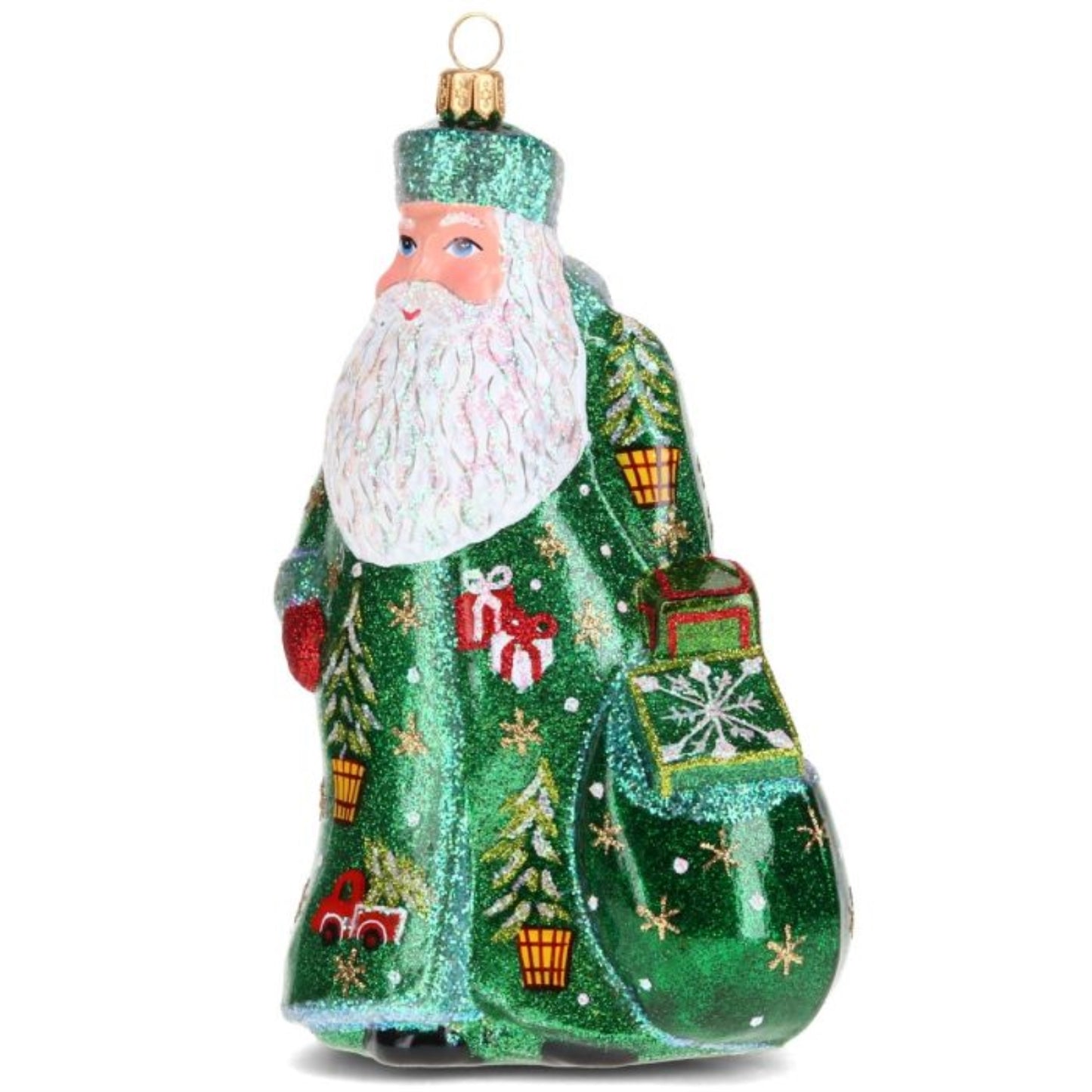 Joy to the World Glitterazzi Metallics Series Green Santa Polish Glass Ornament 6.6 Inches