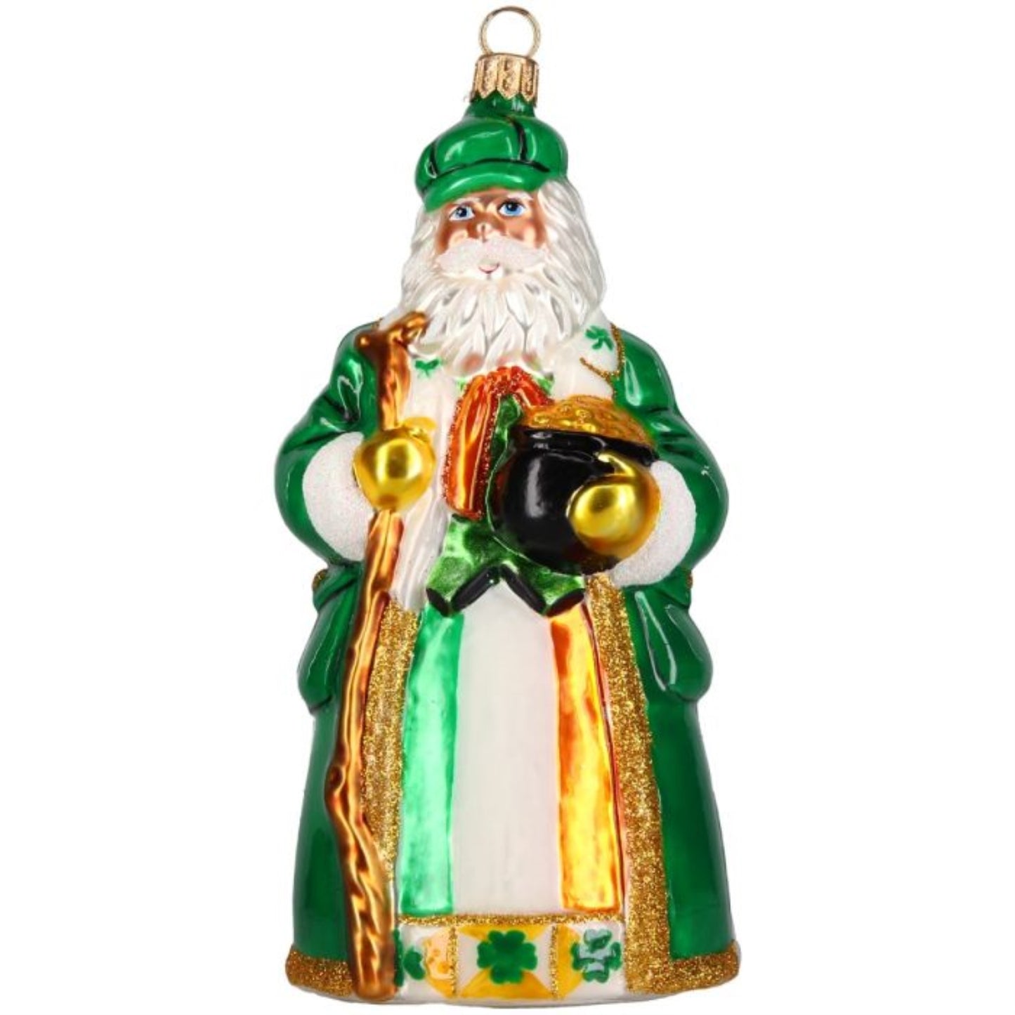 Joy to the World Ireland Santa with Pot of Gold Polish Glass Ornament 6.4 Inch
