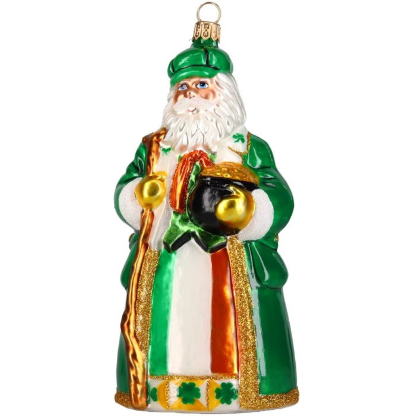 Joy to the World Ireland Santa with Pot of Gold Polish Glass Ornament 6.4 Inch