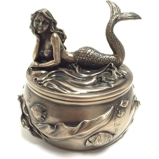 Antique Bronze Mermaid Calypso Embellished Trinket Keepsake Jewelry Box 4.75 inch
