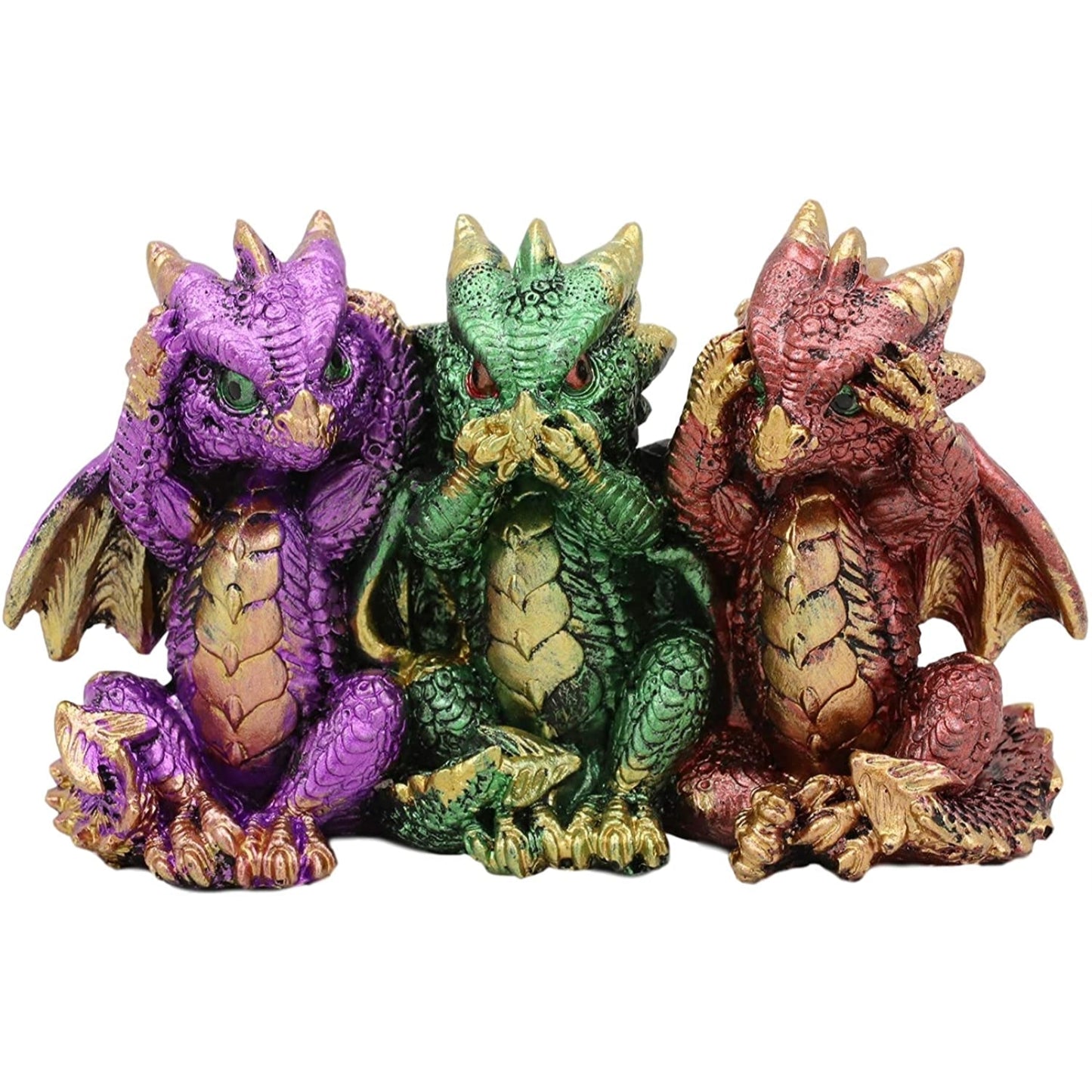 Multicolor Dragons See Hear Speak No Evil Resin Figurine 5.5 x 3.25 inch