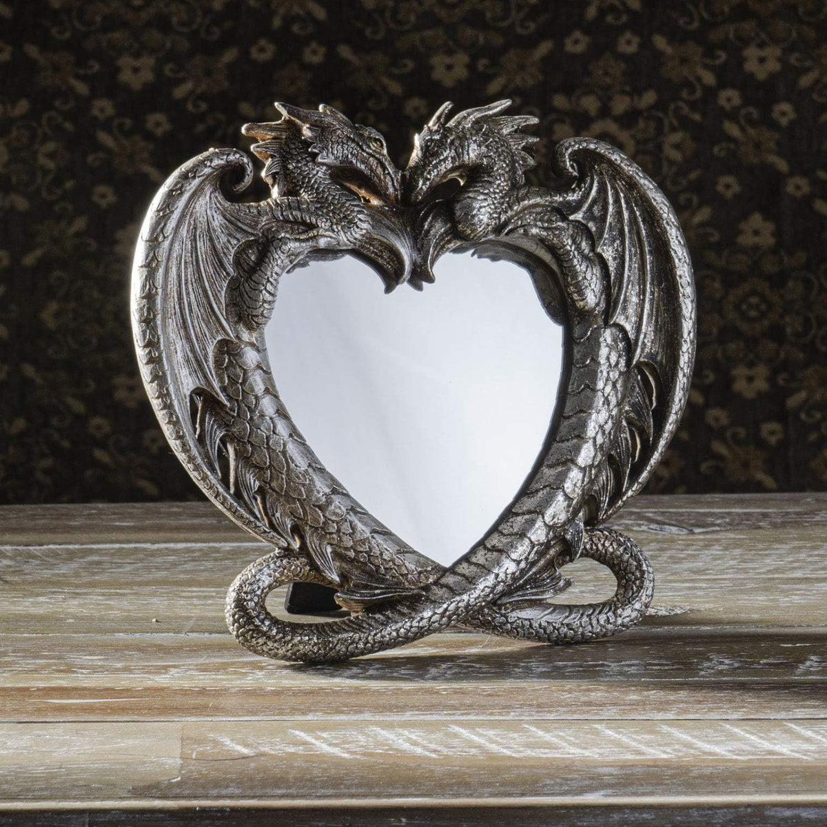 Gothic Heart Shaped Dragon Mirror Medieval Home Accent Decor Resin for Tabletop Shelf 6.3 x 5.9 inch