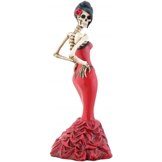 Day Of The Dead Rose Diva Lady In Red Ballroom Gown Skeleton Statue Figurine 8.5 inch