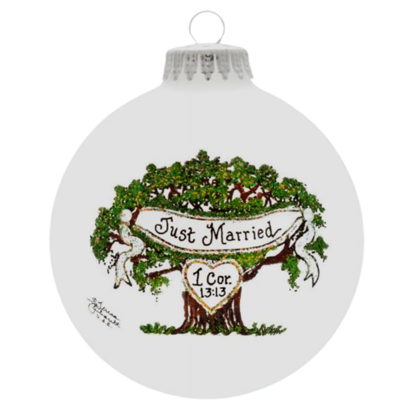 Just Married Tree Wedding Glass Christmas Ornament Made in the USA