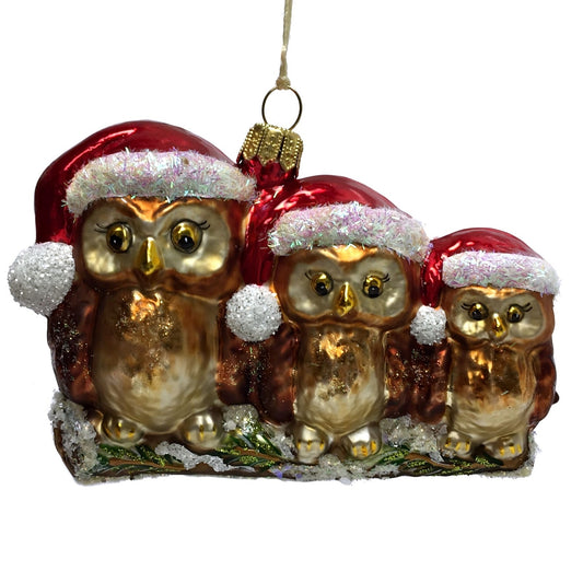 Pinnacle Peak Trading Three Owls Wearing Santa Hats on Branch Polish Glass Christmas Ornament Birds