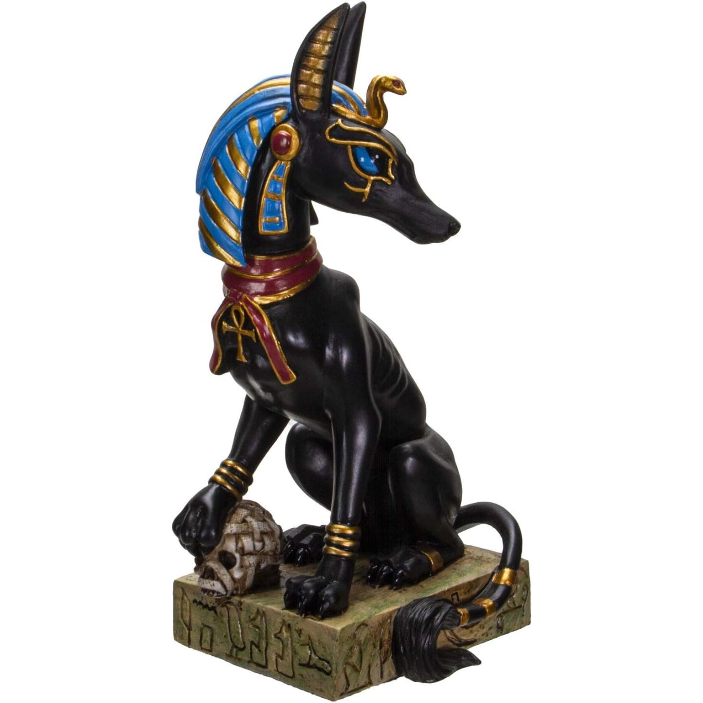 Egyptian God Of The Dead Anubis With Uraeus Crown Standing On Mummy Skull Figurine 8 inch