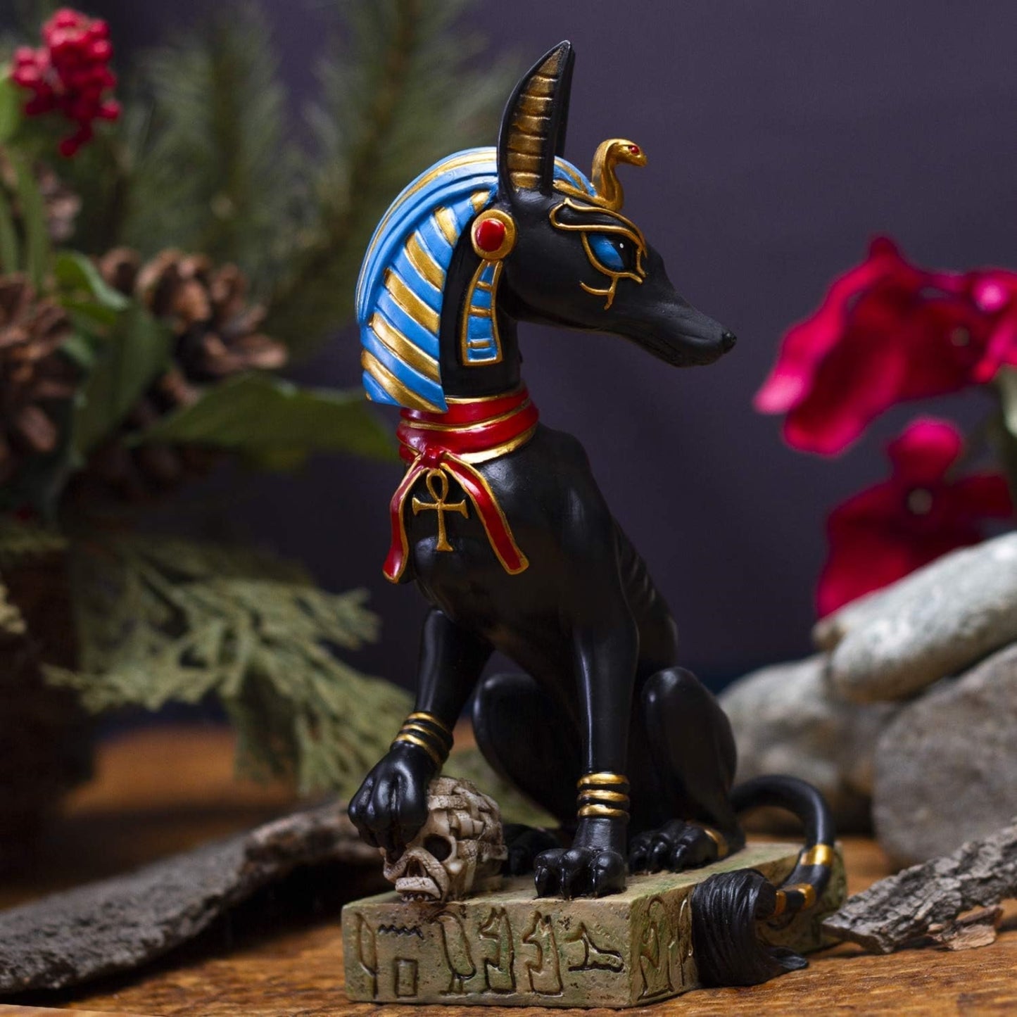 Egyptian God Of The Dead Anubis With Uraeus Crown Standing On Mummy Skull Figurine 8 inch