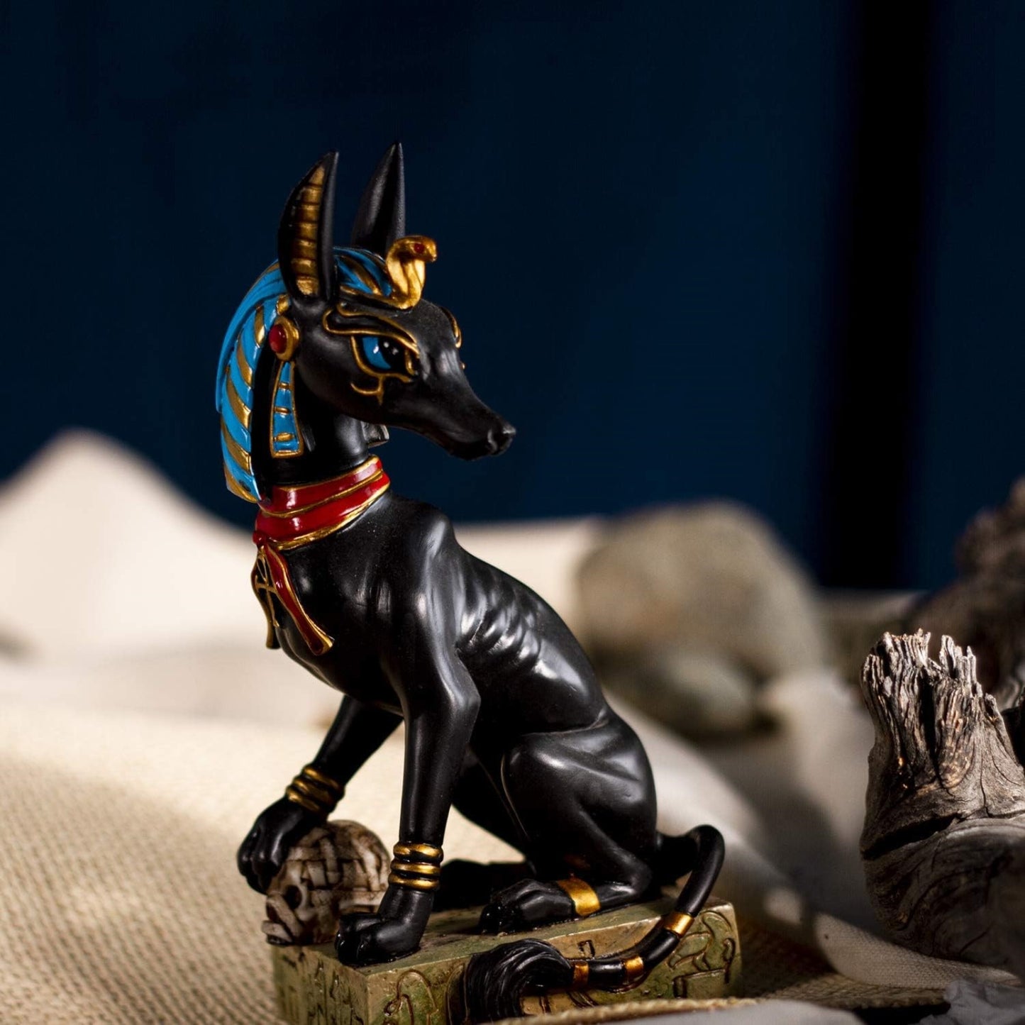 Egyptian God Of The Dead Anubis With Uraeus Crown Standing On Mummy Skull Figurine 8 inch