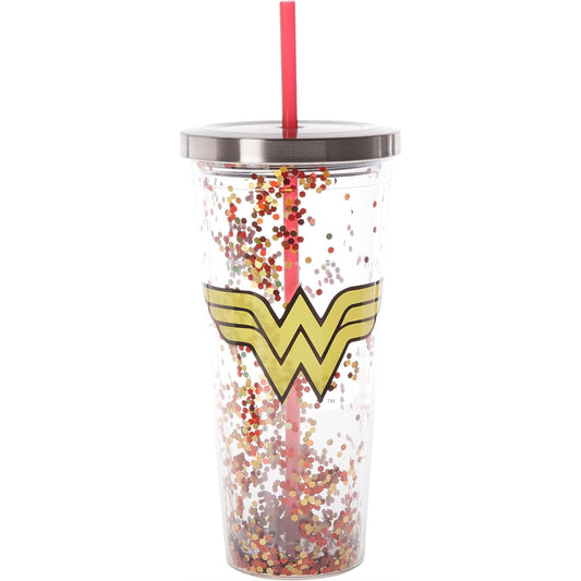 Spoontiques DC Comics Wonder Woman Double Walled Insulated Acrylic Tumbler Glitter Cup with Straw 20 ounce