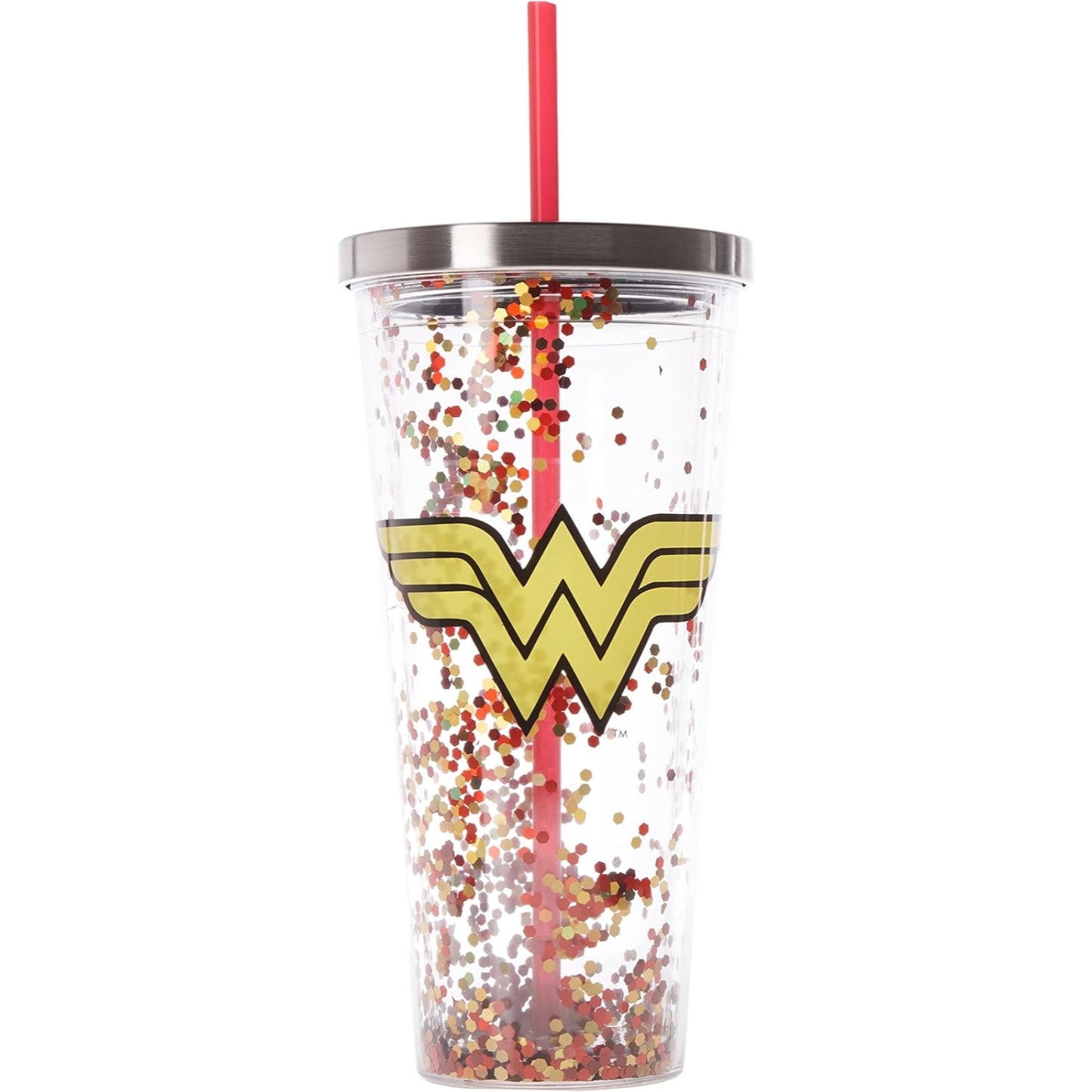 Spoontiques DC Comics Wonder Woman Double Walled Insulated Acrylic Tumbler Glitter Cup with Straw 20 ounce