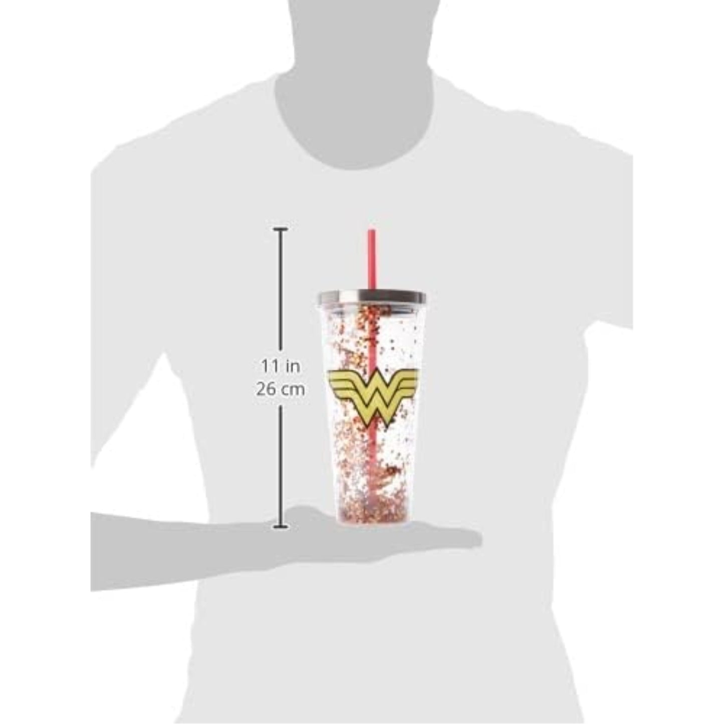 Spoontiques DC Comics Wonder Woman Double Walled Insulated Acrylic Tumbler Glitter Cup with Straw 20 ounce