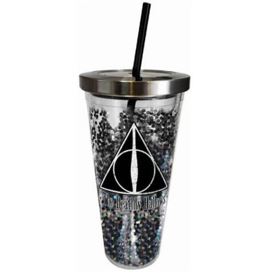 Spoontiques Harry Potter Deathly Hallows Double Walled Insulated Acrylic Tumbler Glitter Cup with Straw 20 ounce