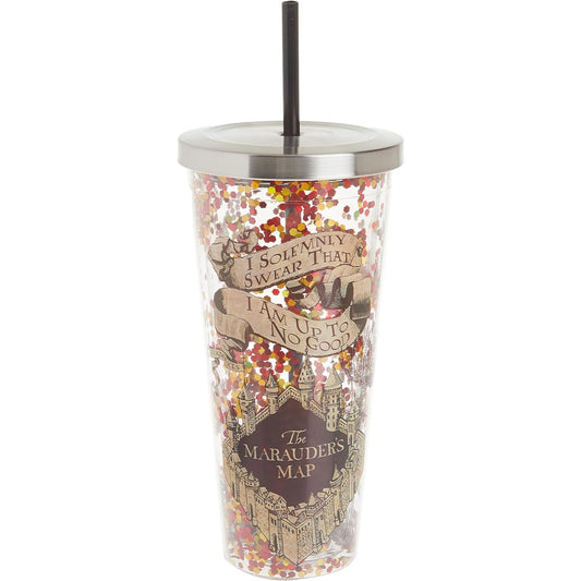 Spoontiques Harry Potter Marauders Map Double Walled Insulated Acrylic Tumbler Glitter Cup with Straw 20 ounce