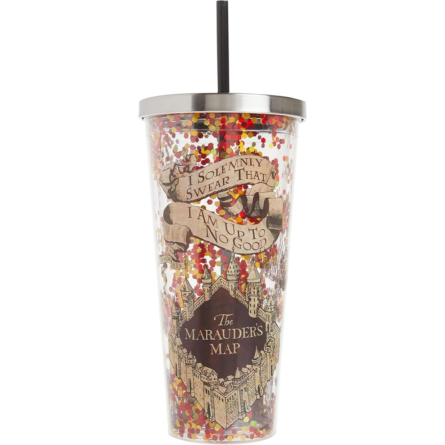 Spoontiques Harry Potter Marauders Map Double Walled Insulated Acrylic Tumbler Glitter Cup with Straw 20 ounce