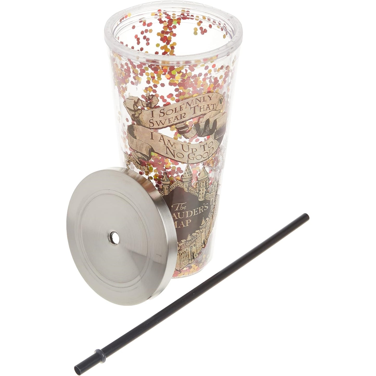 Spoontiques Harry Potter Marauders Map Double Walled Insulated Acrylic Tumbler Glitter Cup with Straw 20 ounce