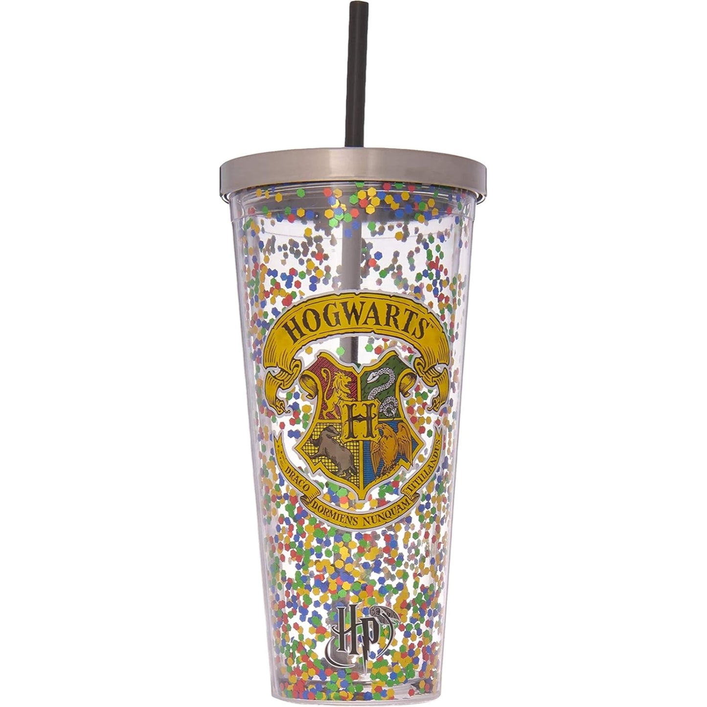 Spoontiques Harry Potter Hogwarts Double Walled Insulated Acrylic Tumbler Glitter Cup with Straw 20 ounce