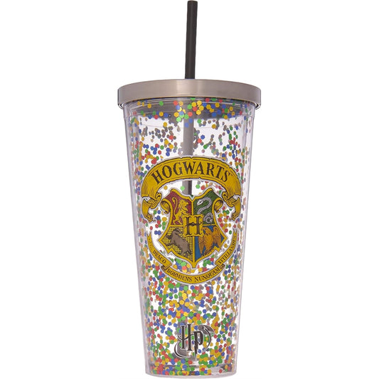 Spoontiques Harry Potter Hogwarts Double Walled Insulated Acrylic Tumbler Glitter Cup with Straw 20 ounce