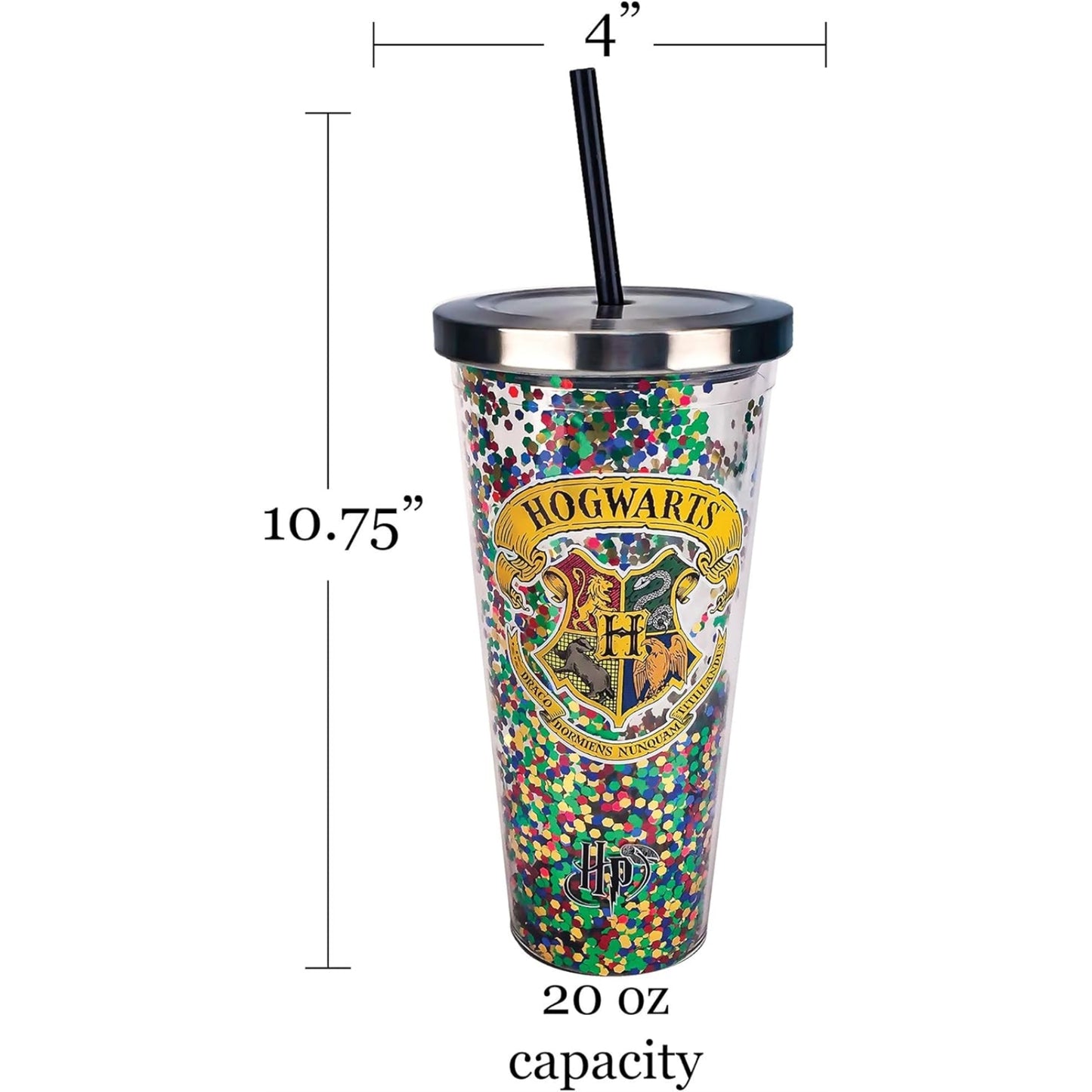 Spoontiques Harry Potter Hogwarts Double Walled Insulated Acrylic Tumbler Glitter Cup with Straw 20 ounce