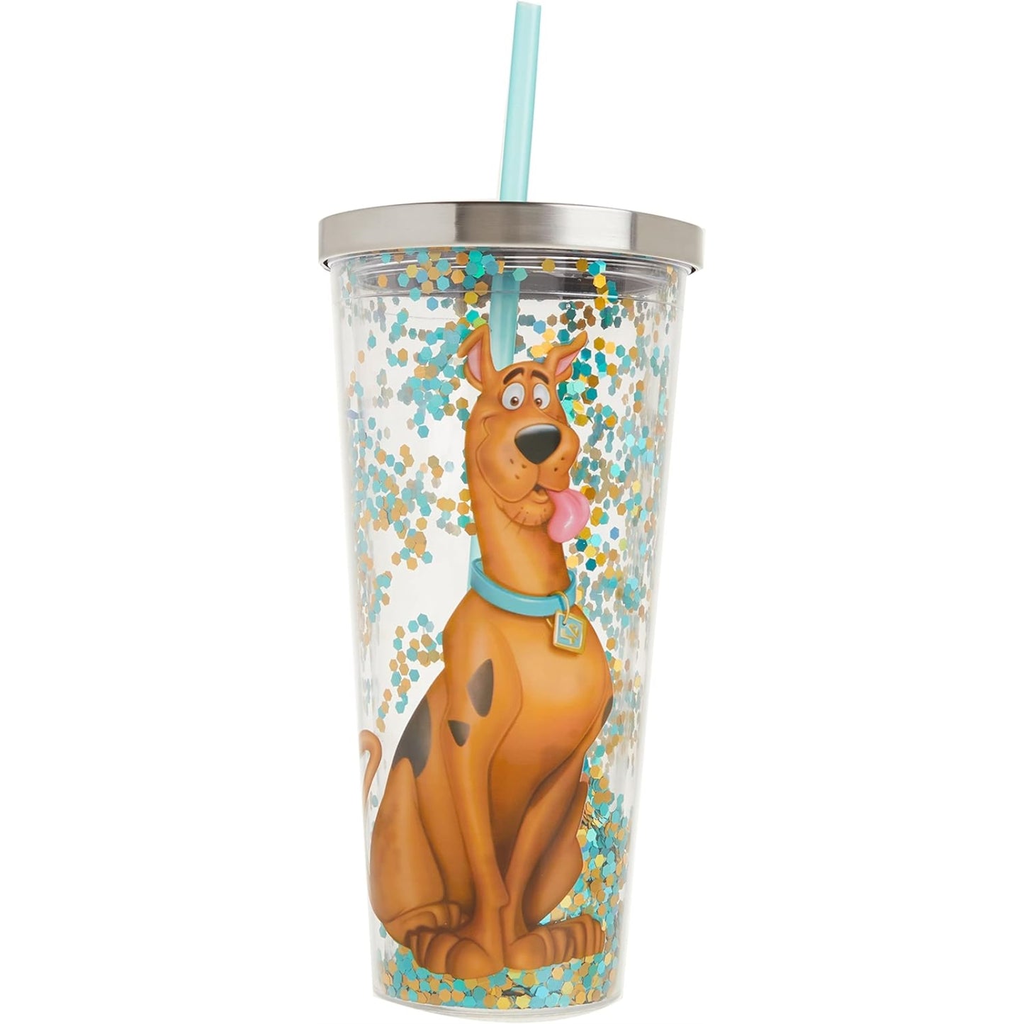 Spoontiques Scooby Doo Double Walled Insulated Acrylic Tumbler Glitter Cup with Straw 20 ounce