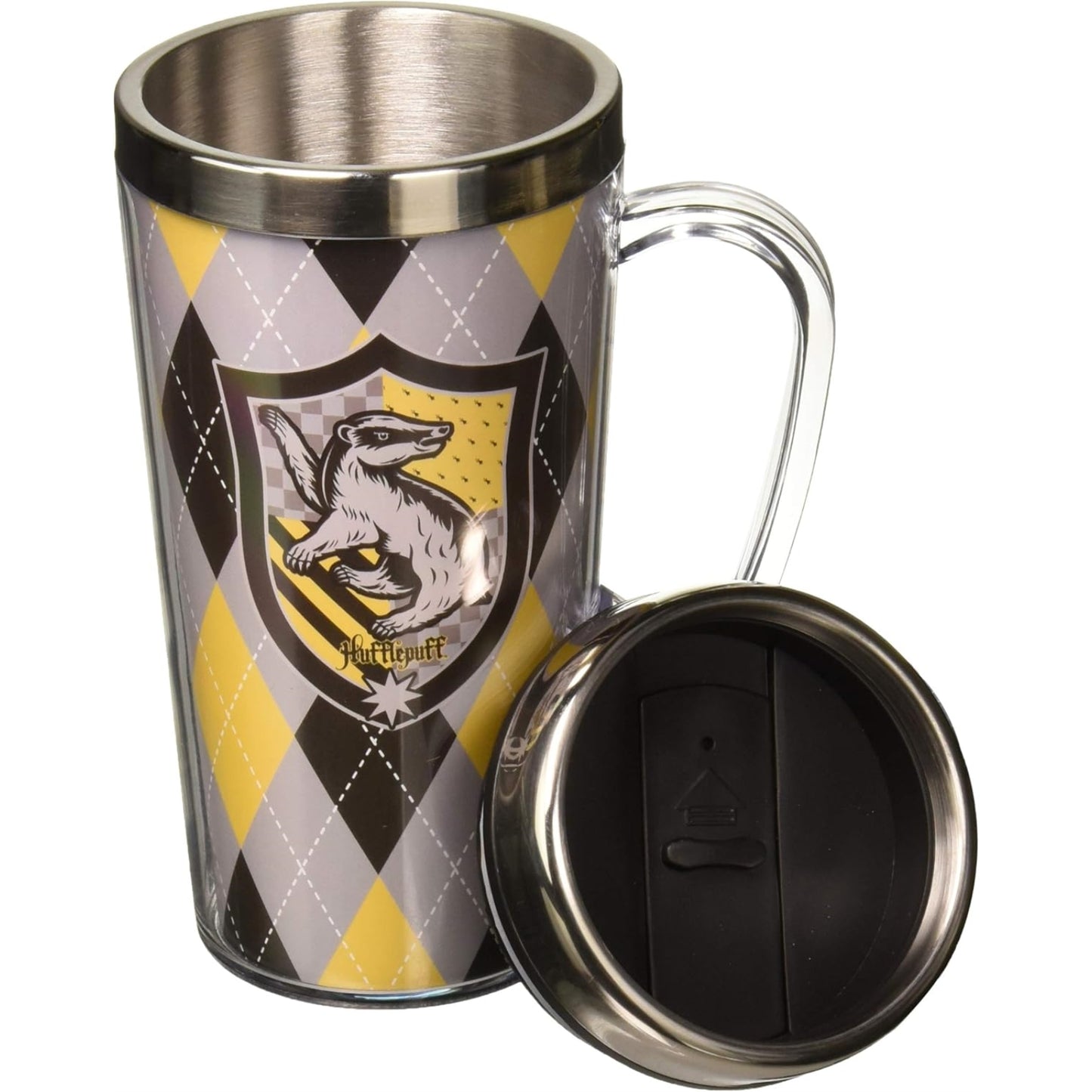 Spoontiques Harry Potter Hufflepuff Double Walled Stainless and Acrylic Insulated Travel Mug 14 ounce