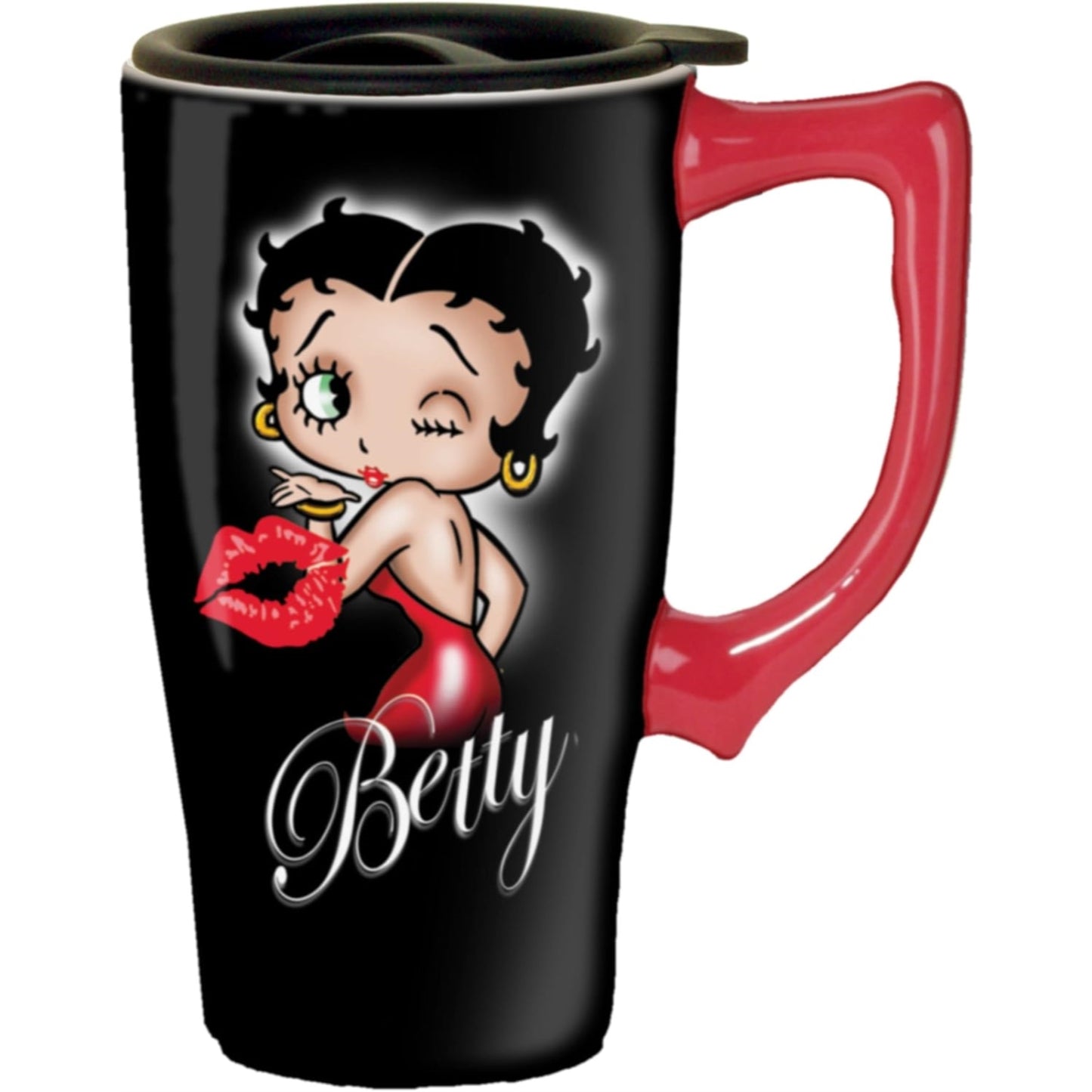 Betty Boop Hearts Black Ceramic Insulated Travel Mug Coffee Cup 18 ounce