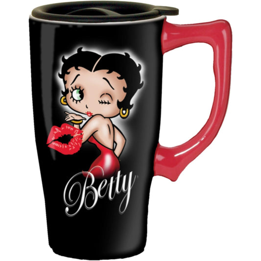 Betty Boop Hearts Black Ceramic Insulated Travel Mug Coffee Cup 18 ounce
