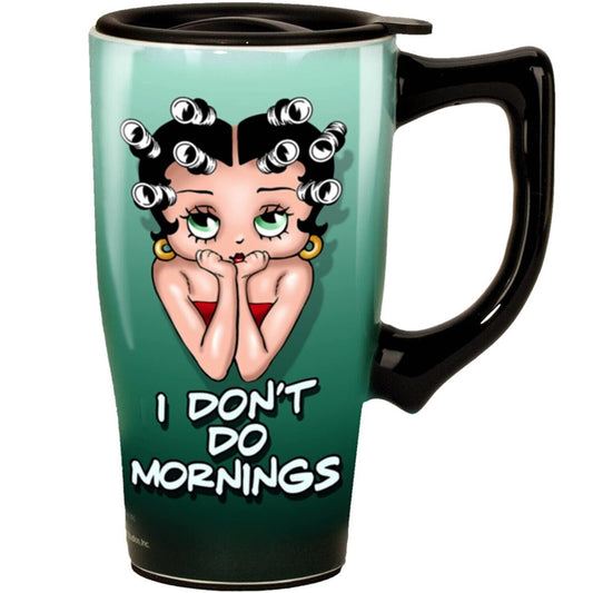 Betty Boop I Don't Do Mornings Green Ceramic Insulated Travel Mug Coffee Cup 18 ounce
