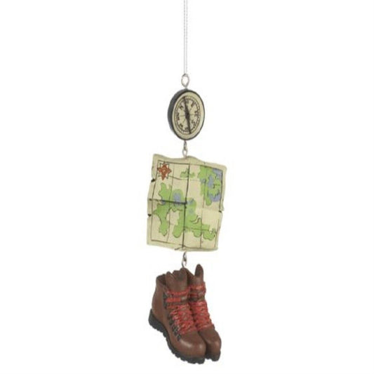 Hiking Compass Boots and Map Christmas Tree Ornament 4.75 inch
