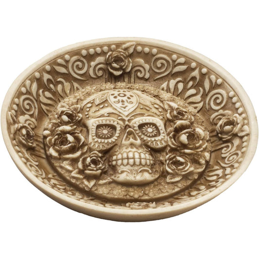Day of the Dead Sugar Skull Face Incense Burner Resin Dish 5 x 5 inch