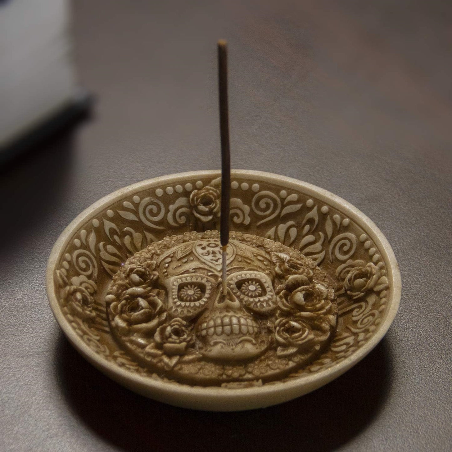 Day of the Dead Sugar Skull Face Incense Burner Resin Dish 5 x 5 inch