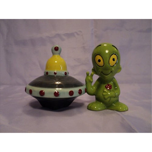 Little Green Alien and Flying Saucer Ceramic Magnetic Salt and Pepper Shaker Set