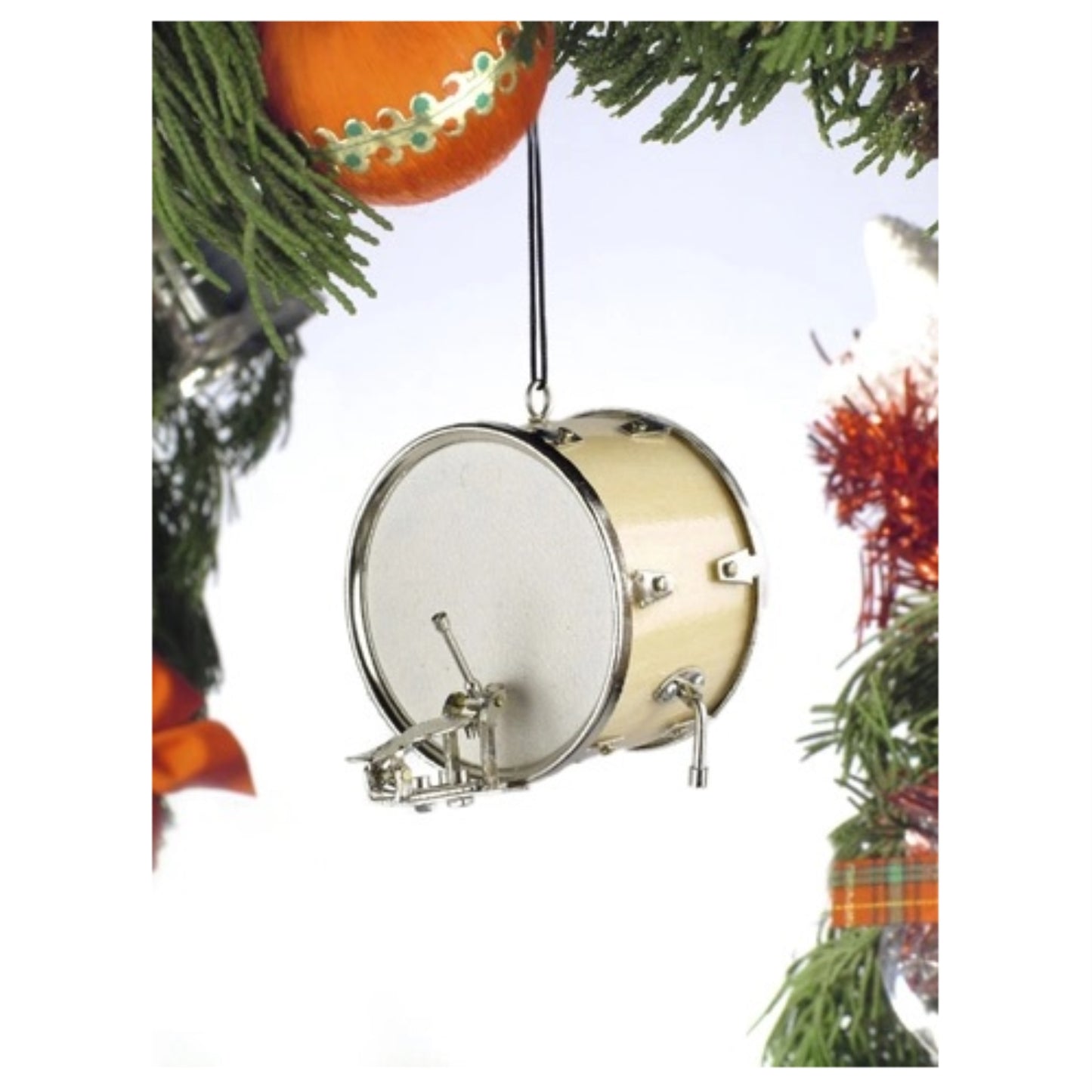 Broadway Gifts Natural Wood Brass Drum Christmas Tree Ornament 2.25 inches