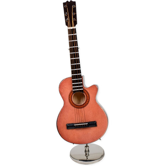 Miniature Classic Brown Guitar with Cutaway Case and Stand Replica Mini Figurine 7 Inch