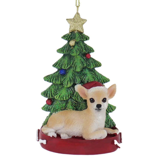 Kurt Adler Chihuahua Dog Laying Next to Christmas Tree Wearing Santa Hat Resin Ornament 4.25 inch