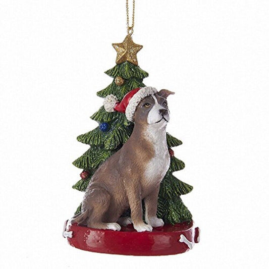 Kurt Adler American Pitbull Dog Sitting by Christmas Tree Wearing Santa Hat Resin Ornament 4.25 inch