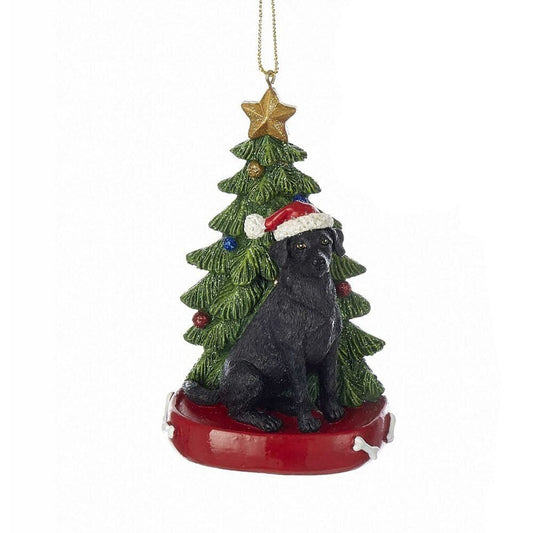 Kurt Adler Black Labrador Retriever Dog Wearing Santa Hat with Christmas Tree Resin Ornament 4.25 inch