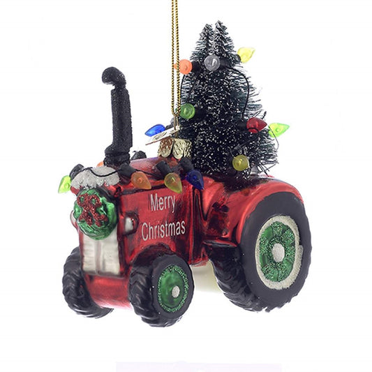 Noble Gems Festive Merry Christmas Red Tractor with Tree Glass Ornaments 4 inch