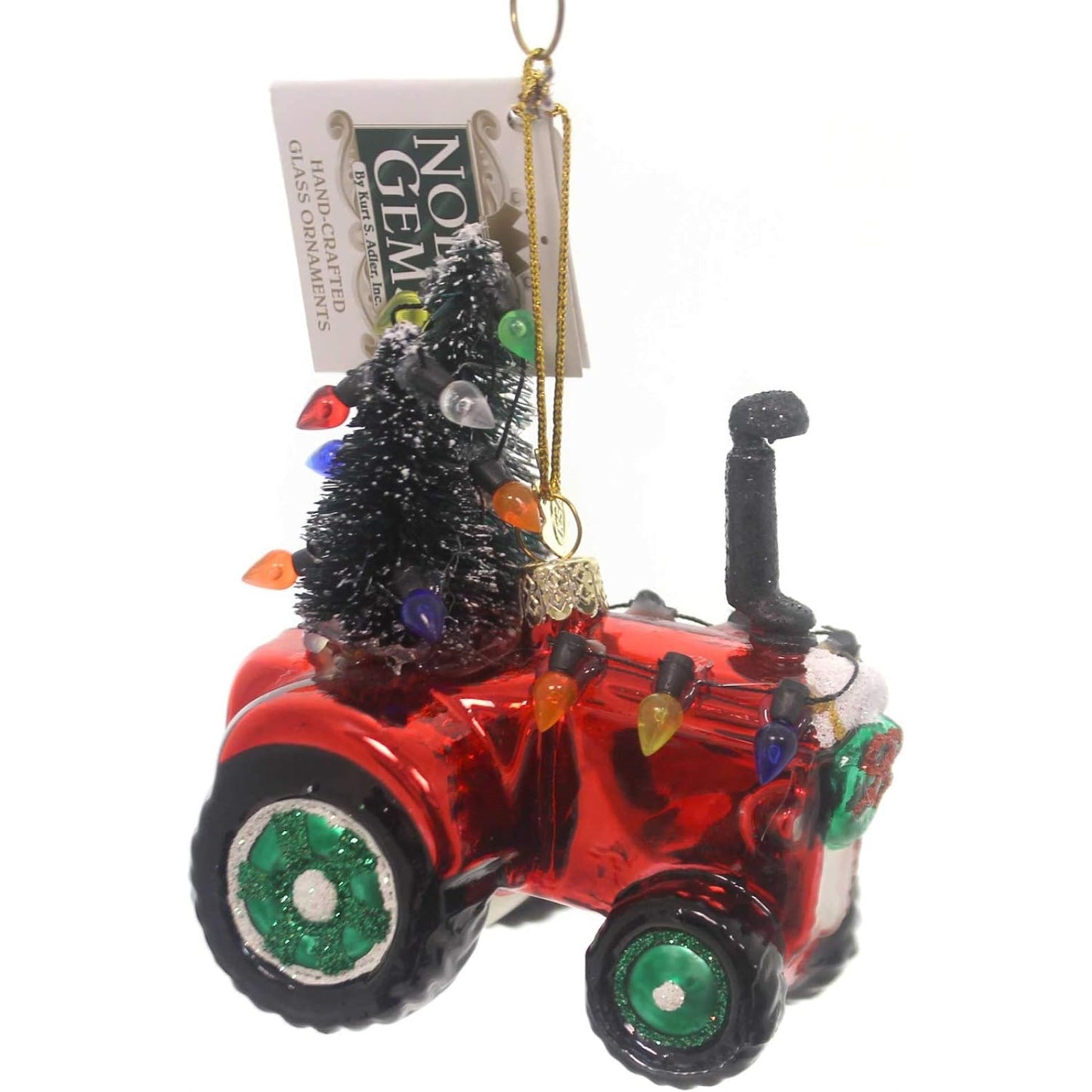 Noble Gems Festive Merry Christmas Red Tractor with Tree Glass Ornaments 4 inch
